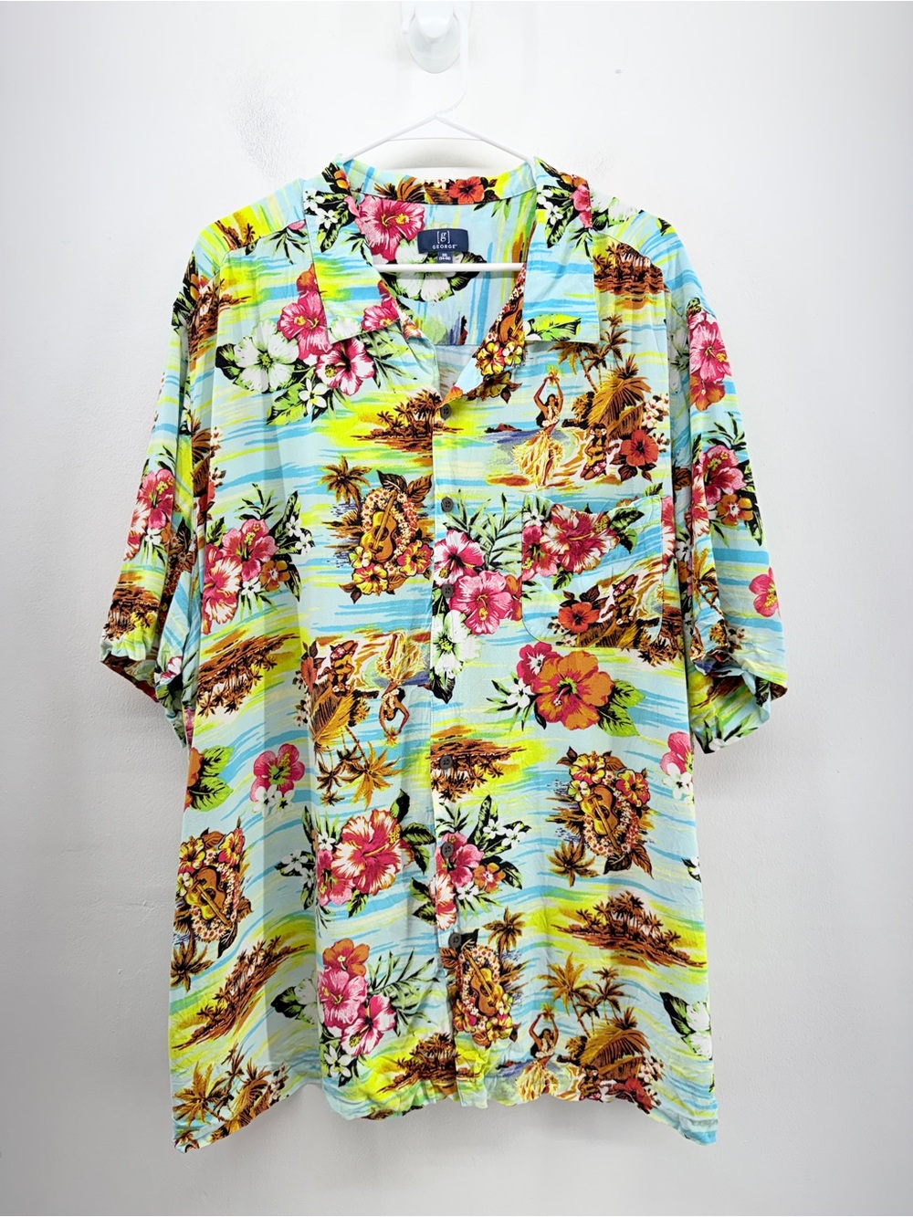 George Light Blue Tropical Floral Hawaiian Button-Down Shirt